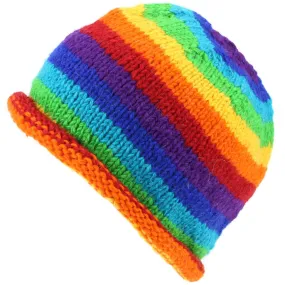 Chunky Wool Knit Beanie Hat with Rolled Brim - Rainbow