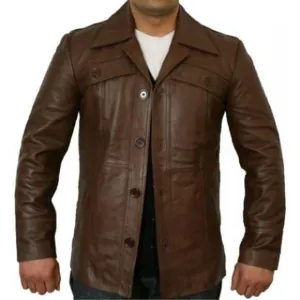 CLASSIC BUTTON STYLE ANTIQUE BROWN LEATHER JACKET COAT MEN