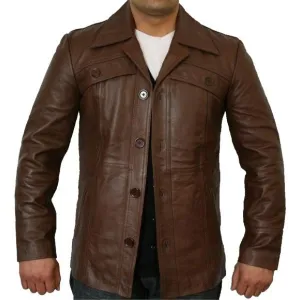 Classic Button Style Antique Brown Leather Jacket Fashion Biker