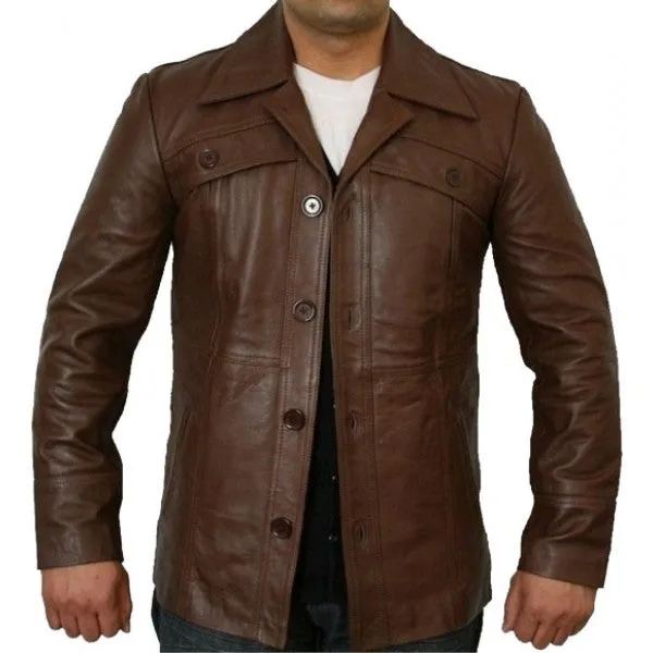 Classic Button Style Antique Brown Leather Jacket Fashion Biker