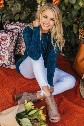 Cozy By The Fire Chenille Sweater in Teal