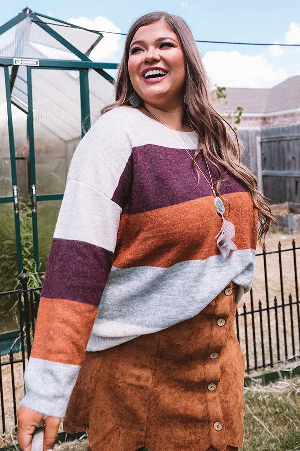 Cozy Sunday Charm Color Block Sweater In Maroon Curves