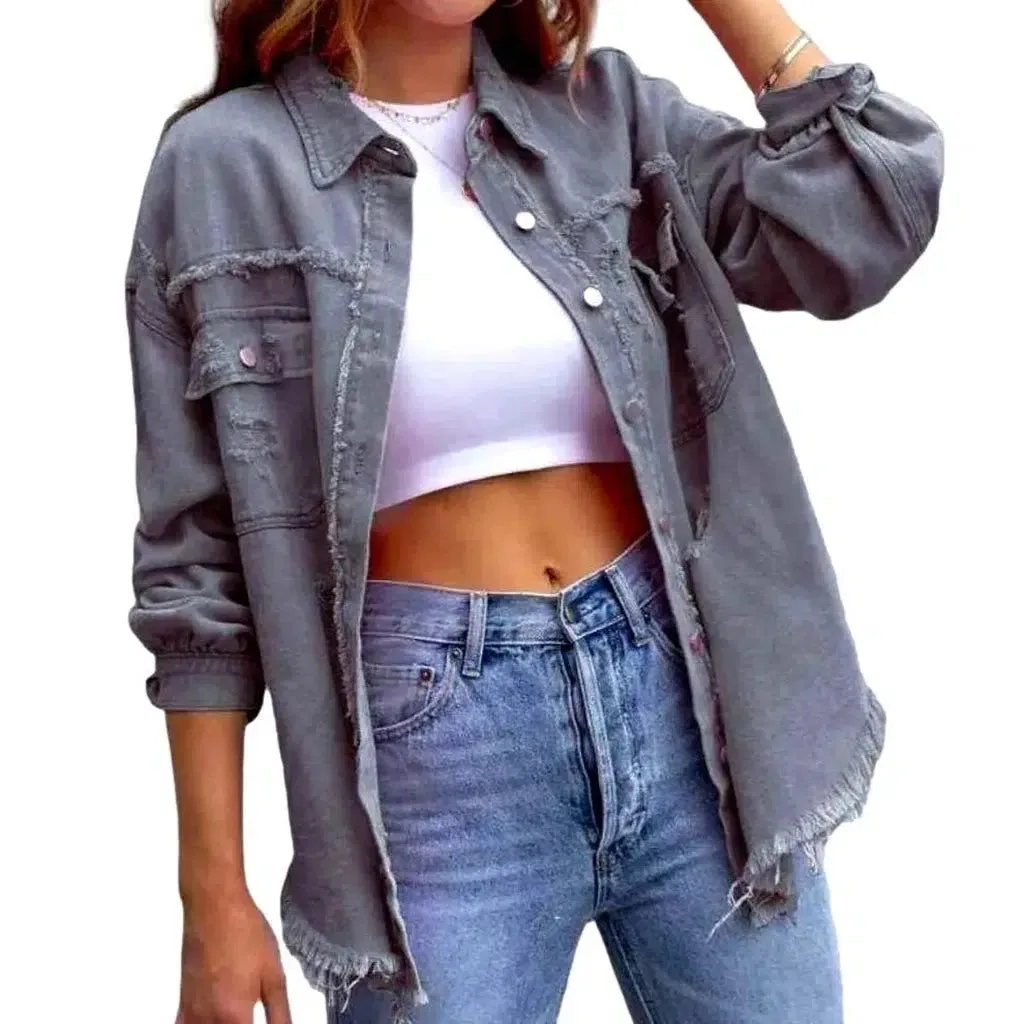 Cropped shirt-like denim jacket for ladies