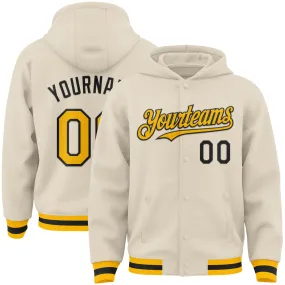 Custom Cream Gold-Black Bomber Full-Snap Varsity Letterman Hoodie Jacket