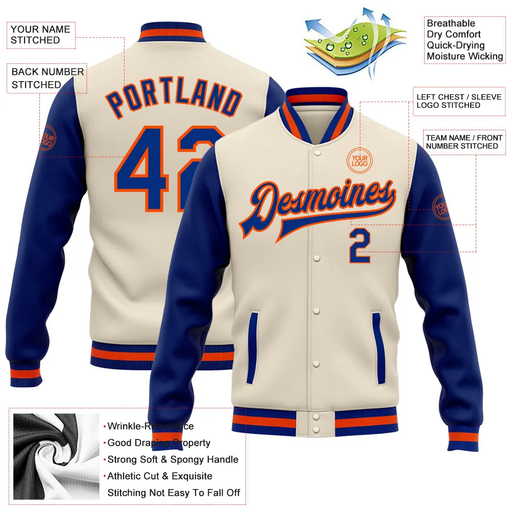 Custom Cream Royal-Orange Bomber Full-Snap Varsity Letterman Two Tone Jacket