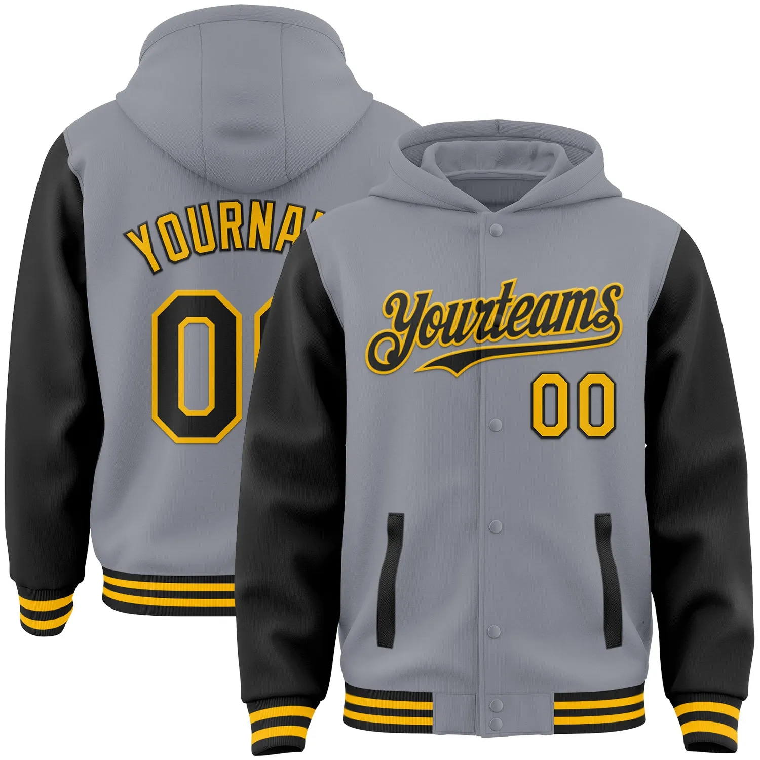 Custom Gray Black-Gold Bomber Full-Snap Varsity Letterman Two Tone Hoodie Jacket