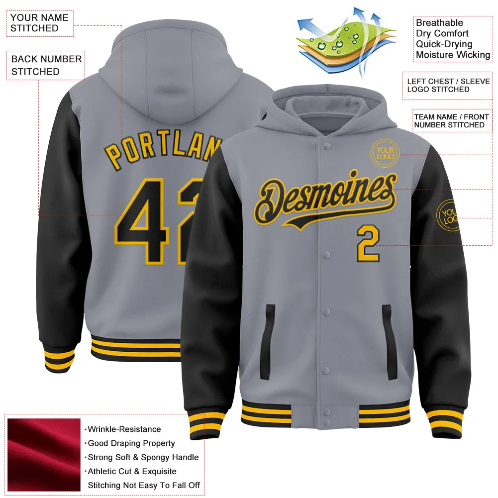 Custom Gray Black-Gold Bomber Full-Snap Varsity Letterman Two Tone Hoodie Jacket