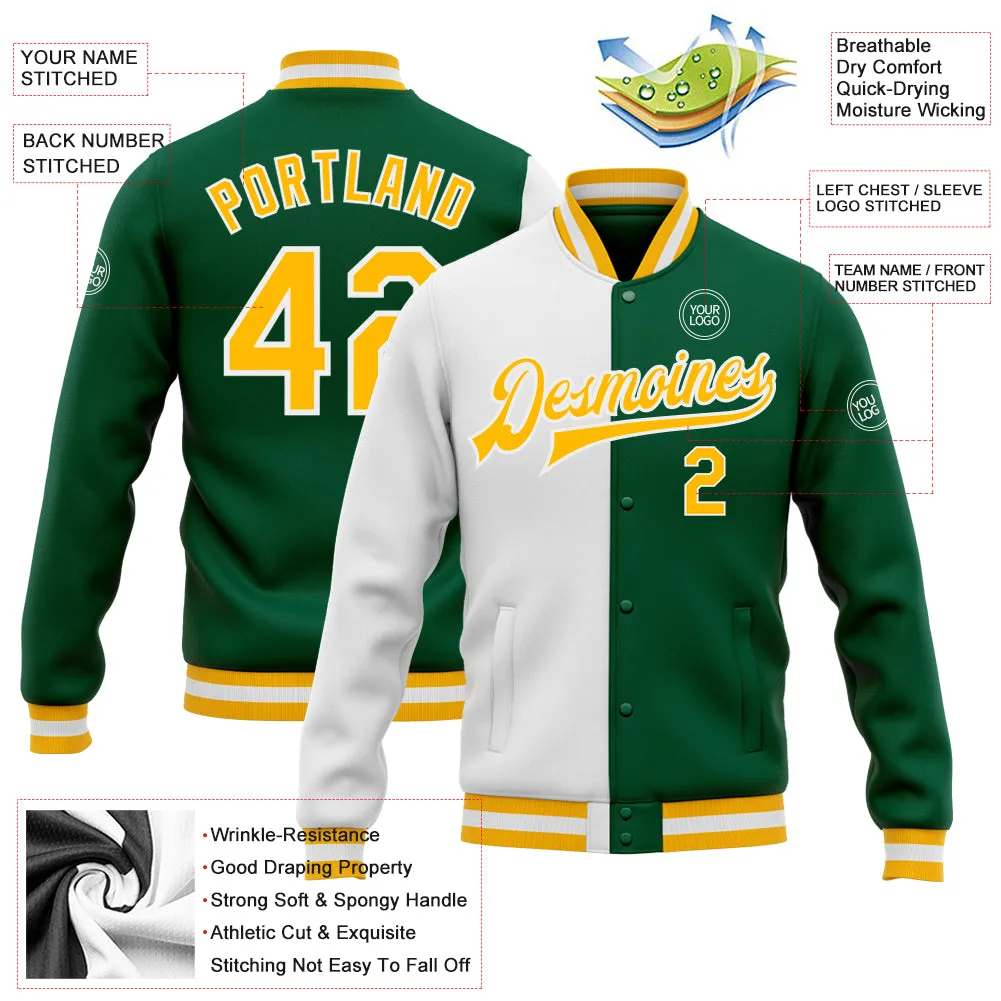 Custom Kelly Green Gold-White Bomber Full-Snap Varsity Letterman Split Fashion Jacket