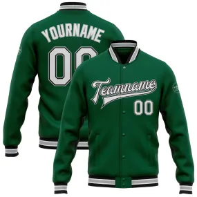 Custom Kelly Green White Black-Gray Bomber Full-Snap Varsity Letterman Jacket