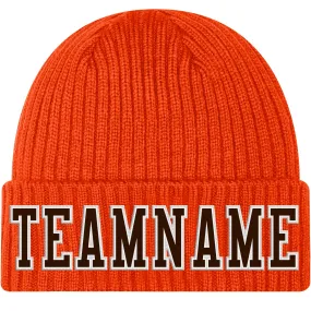 Custom Orange Brown-White Stitched Cuffed Knit Hat