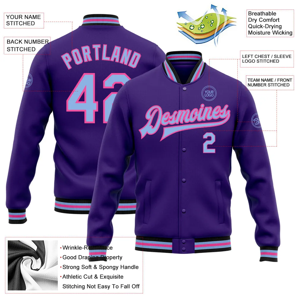 Custom Purple Light Blue Pink-Black Bomber Full-Snap Varsity Letterman Jacket