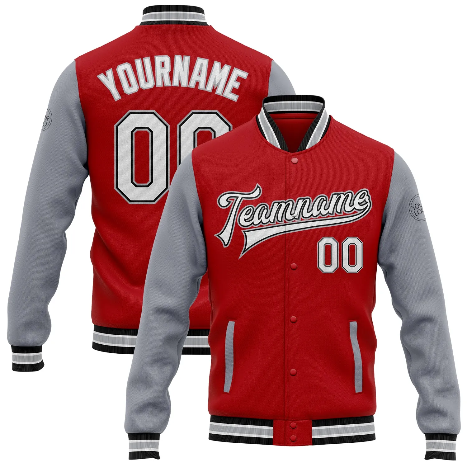 Custom Red White Black-Gray Bomber Full-Snap Varsity Letterman Two Tone Jacket