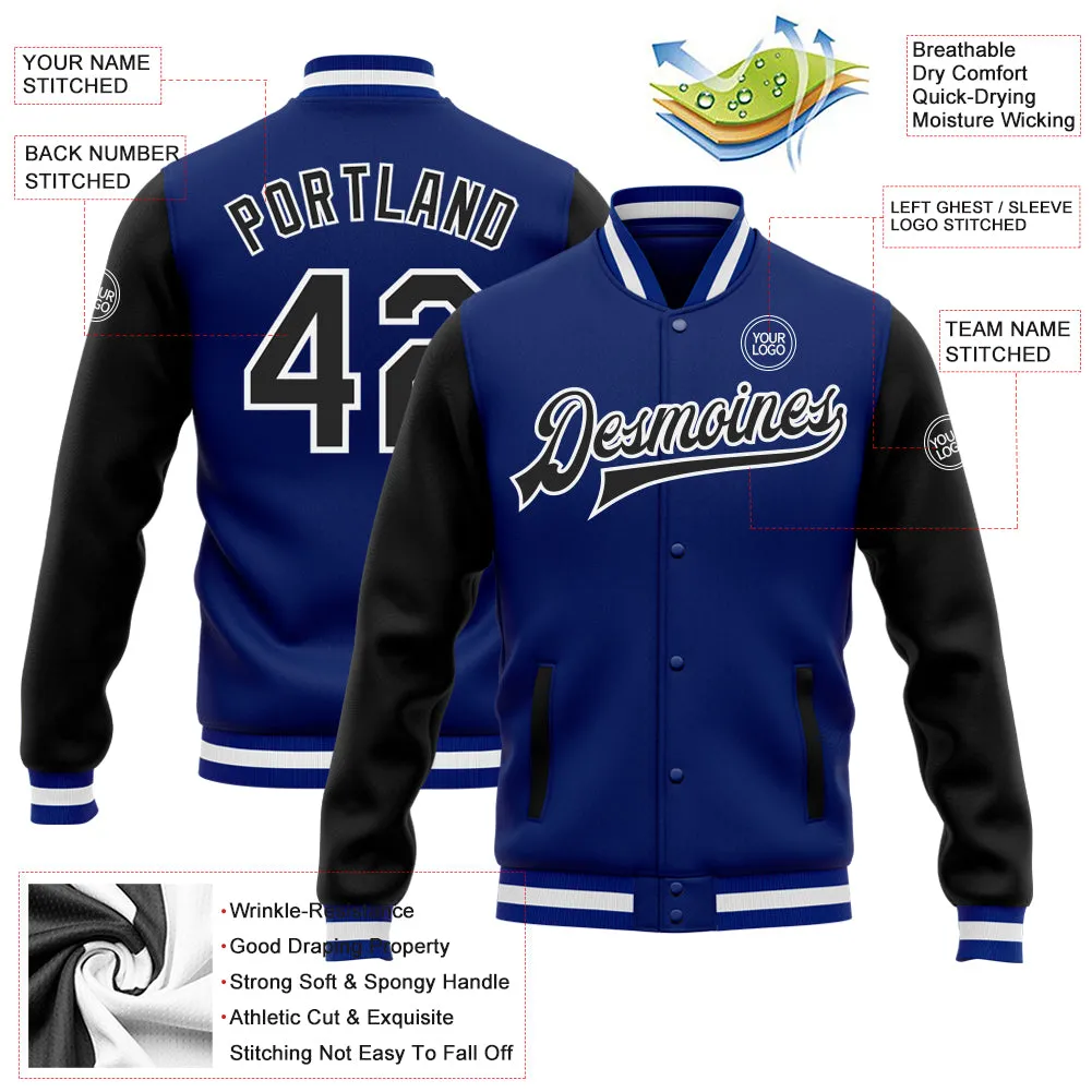 Custom Royal Black-White Bomber Full-Snap Varsity Letterman Two Tone Jacket