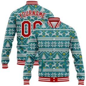 Custom Teal Red-White Christmas 3D Bomber Full-Snap Varsity Letterman Jacket