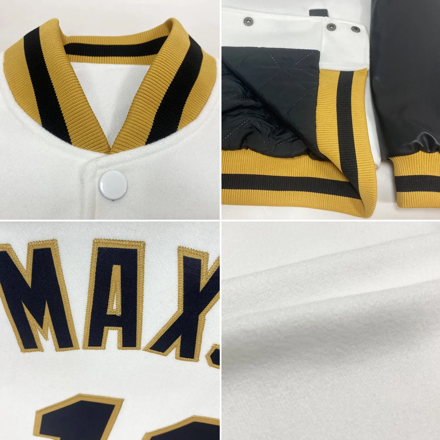 Custom White Black-Old Gold Bomber Full-Snap Varsity Letterman Two Tone Jacket