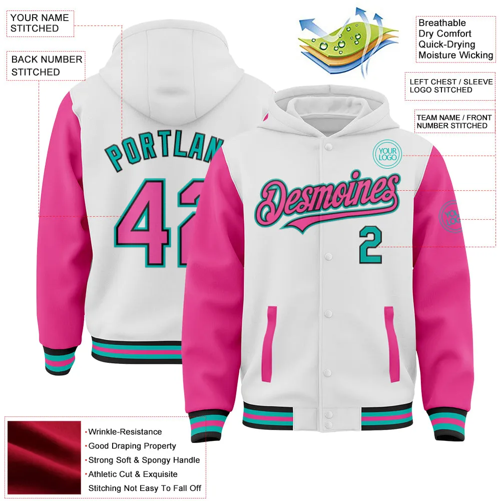 Custom White Pink Black-Aqua Bomber Full-Snap Varsity Letterman Two Tone Hoodie Jacket