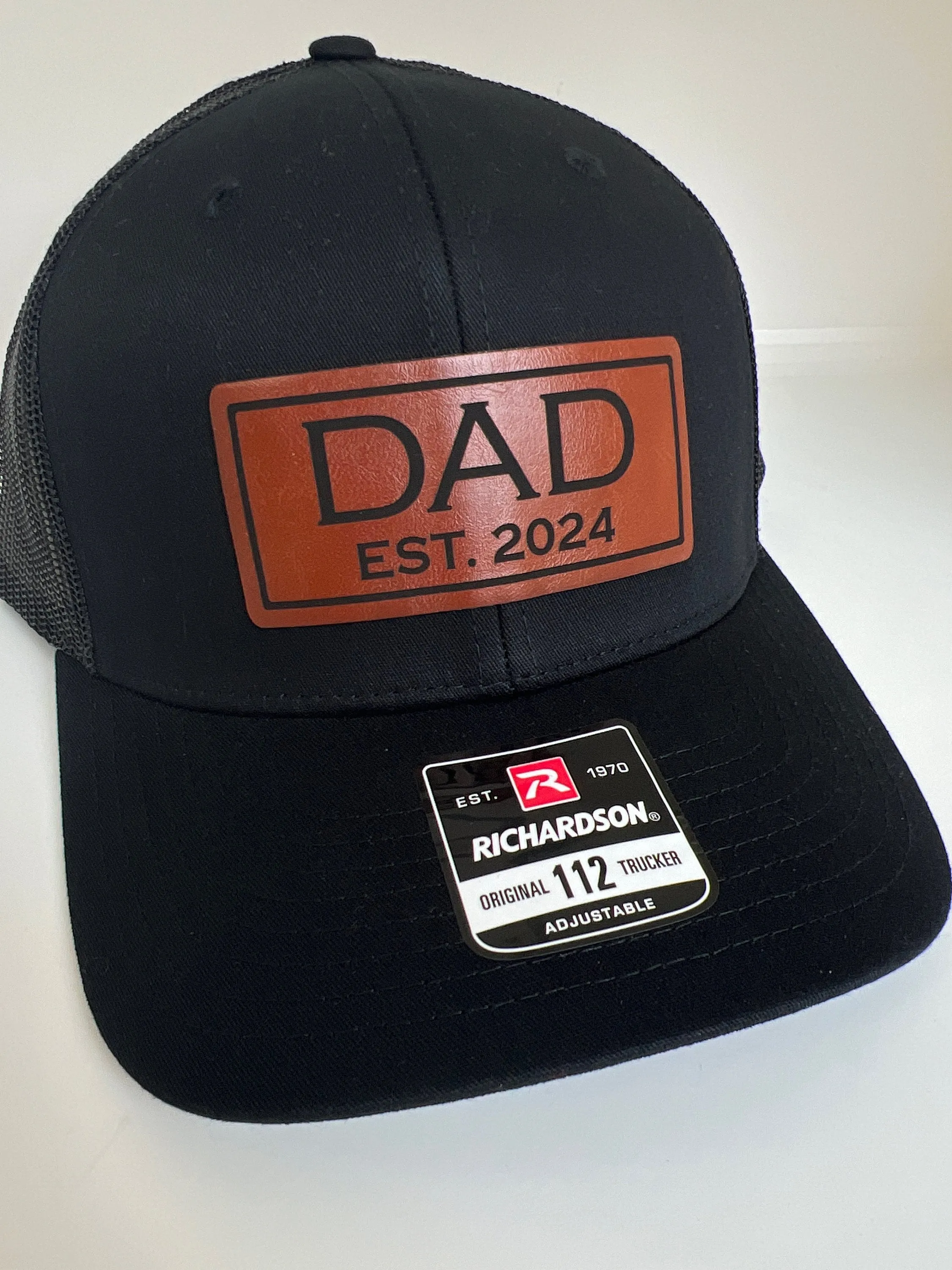 Dad Est. YEAR | Hat for new Dad |Richardson 112 leather patch trucker hat for new Dad | Dad hat pregnancy announcement gift for dad.