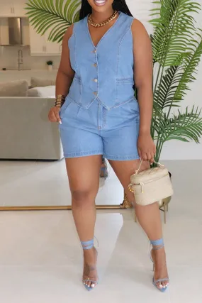 Denim Button Down Gilet & Shorts Set