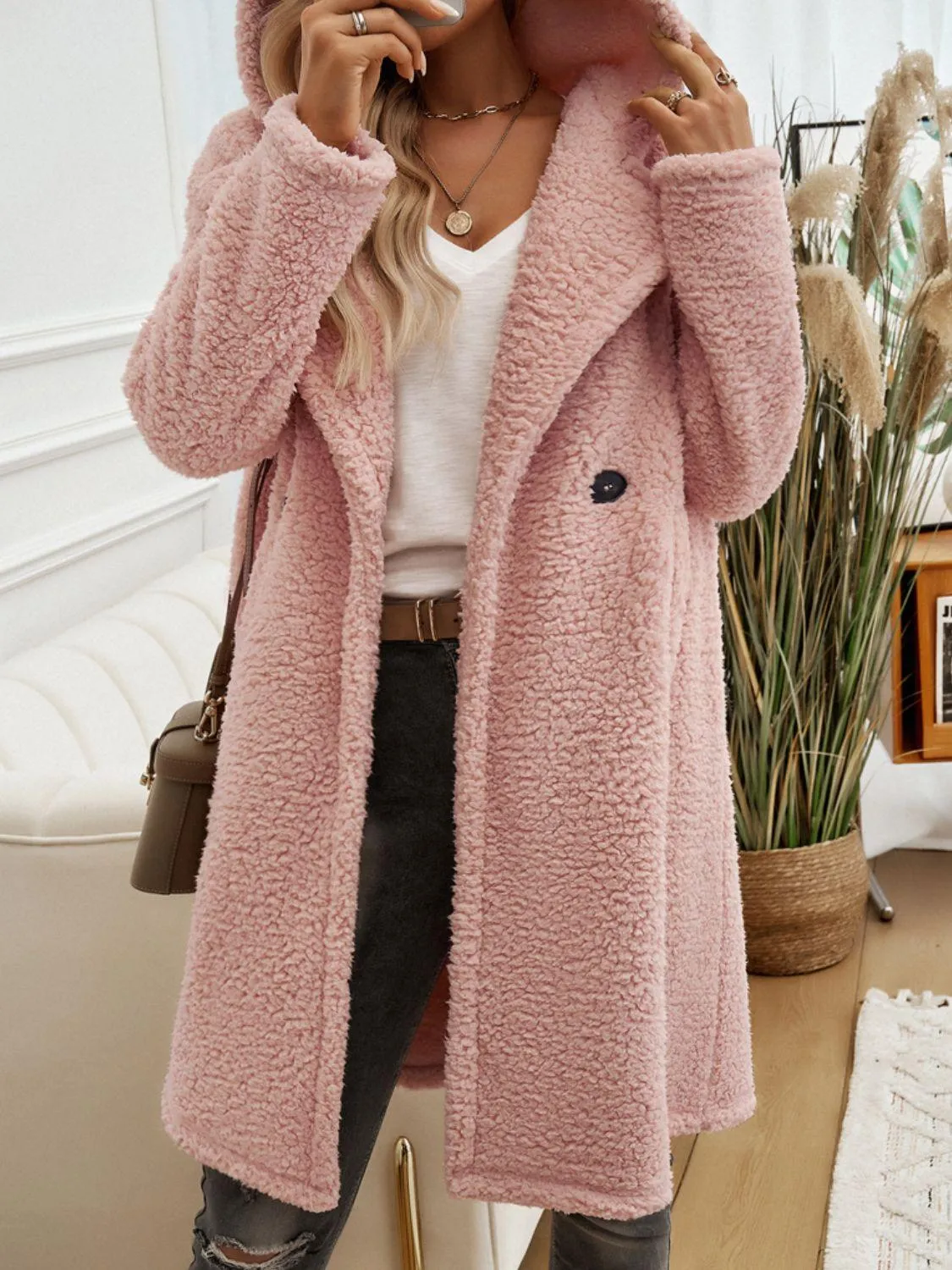 Devine Teddy Coat Pocketed Long Sleeve Hooded Buttoned Outwear