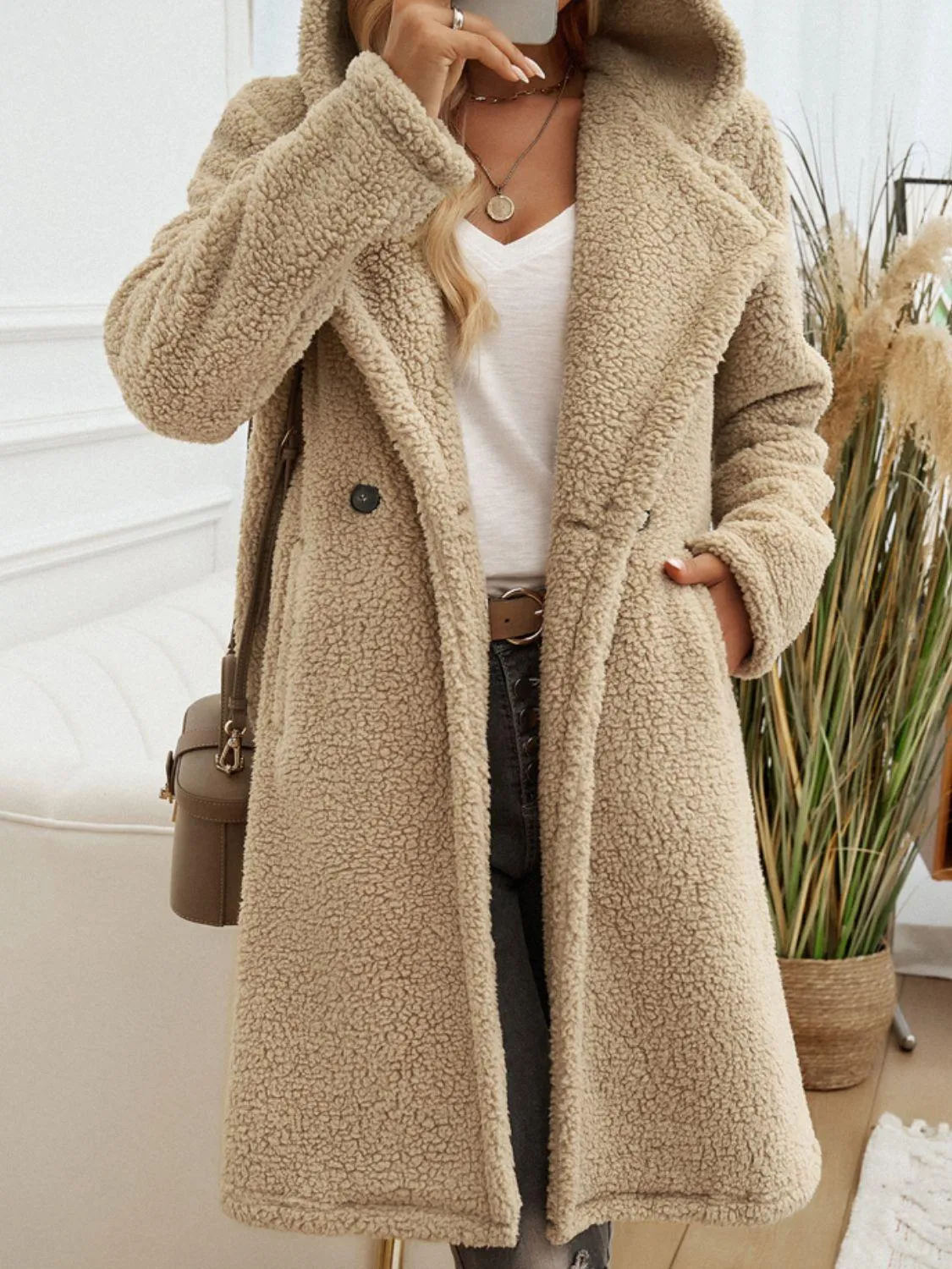 Devine Teddy Coat Pocketed Long Sleeve Hooded Buttoned Outwear