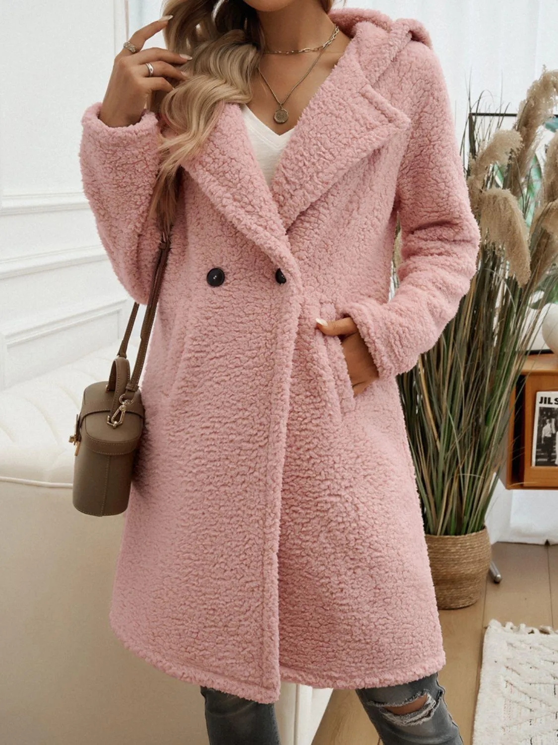 Devine Teddy Coat Pocketed Long Sleeve Hooded Buttoned Outwear