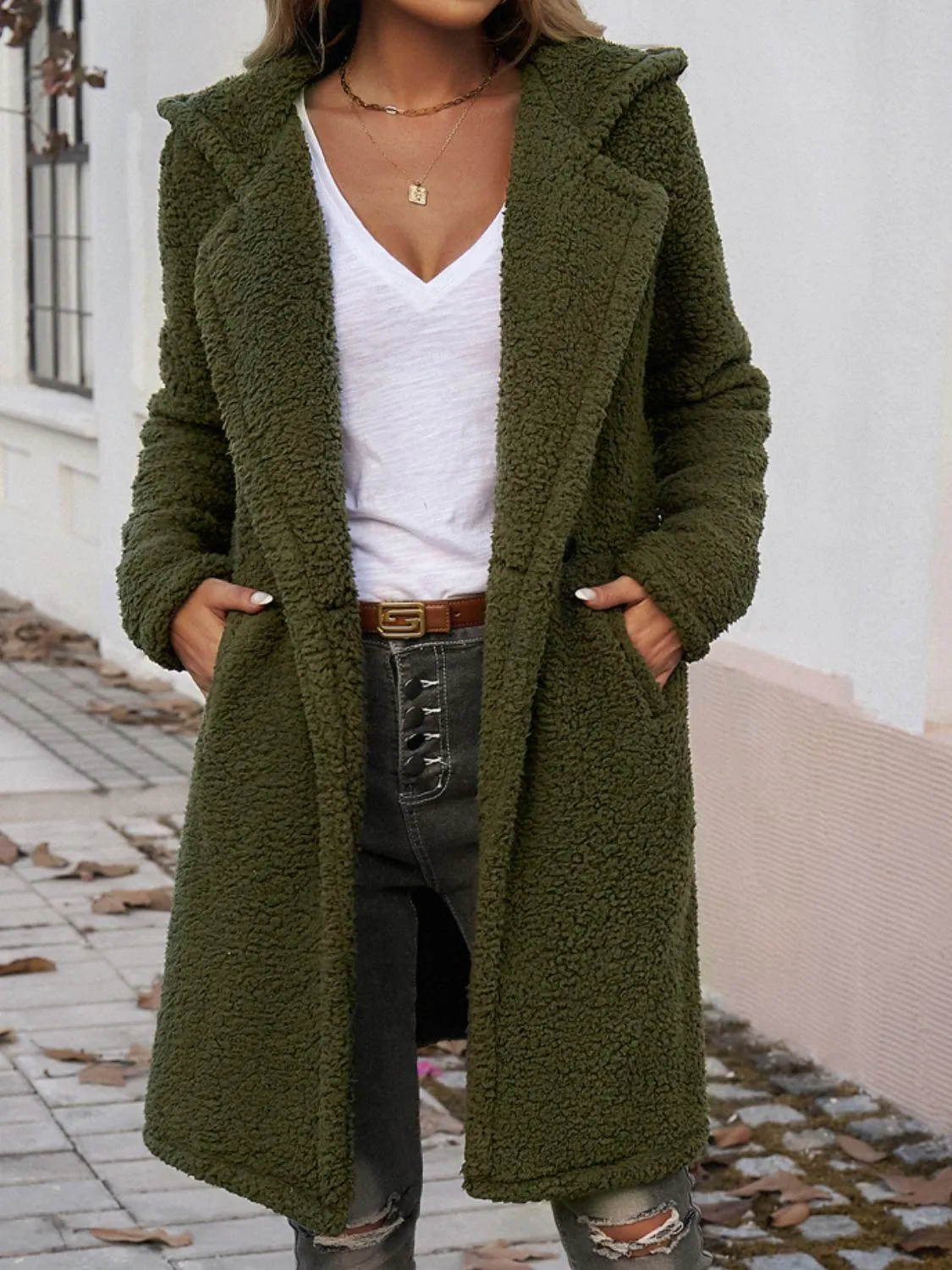 Devine Teddy Coat Pocketed Long Sleeve Hooded Buttoned Outwear