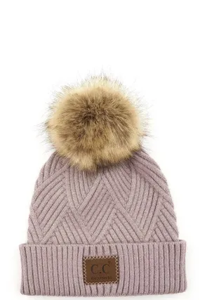 Diagonal Criss Cross Pom Beanie, Mauve