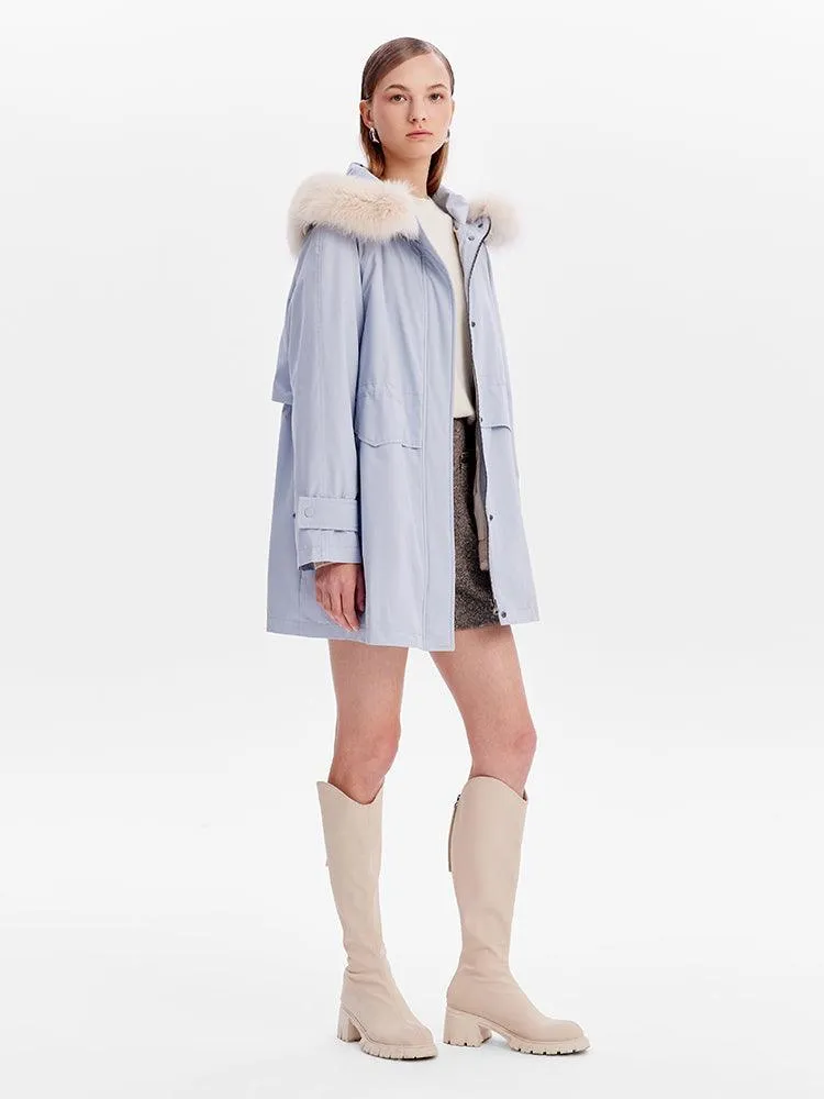 Dusty Blue Removable Fox Fur Parka Coat