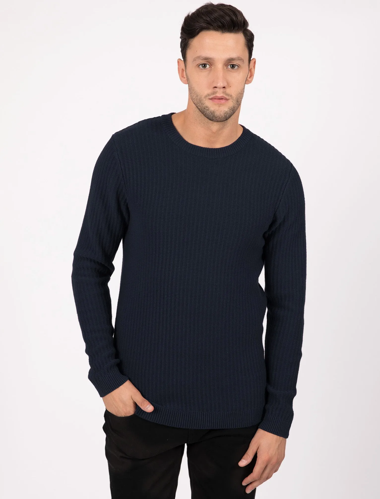 Edison Ribbed Crew Neck Cotton Knit Jumper In Dark Navy - Tokyo Laundry