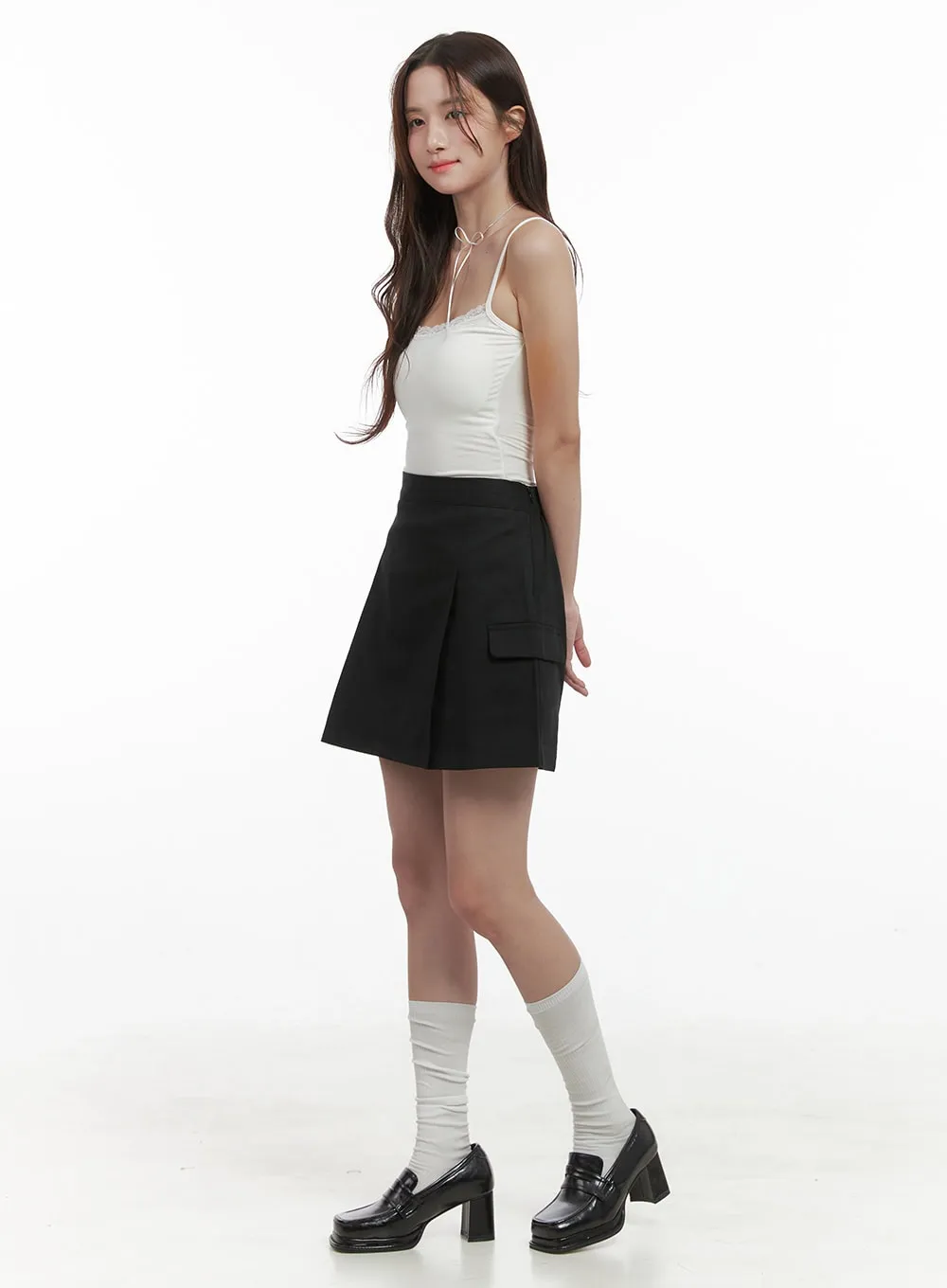 Elegant Solid Mini Skirt with Pockets OS416