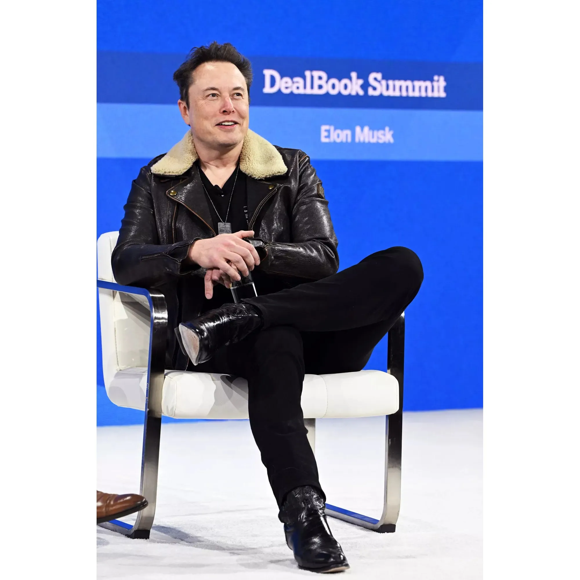 Elon Musk Leather Flight Jacket With Fur Lined Collar Black