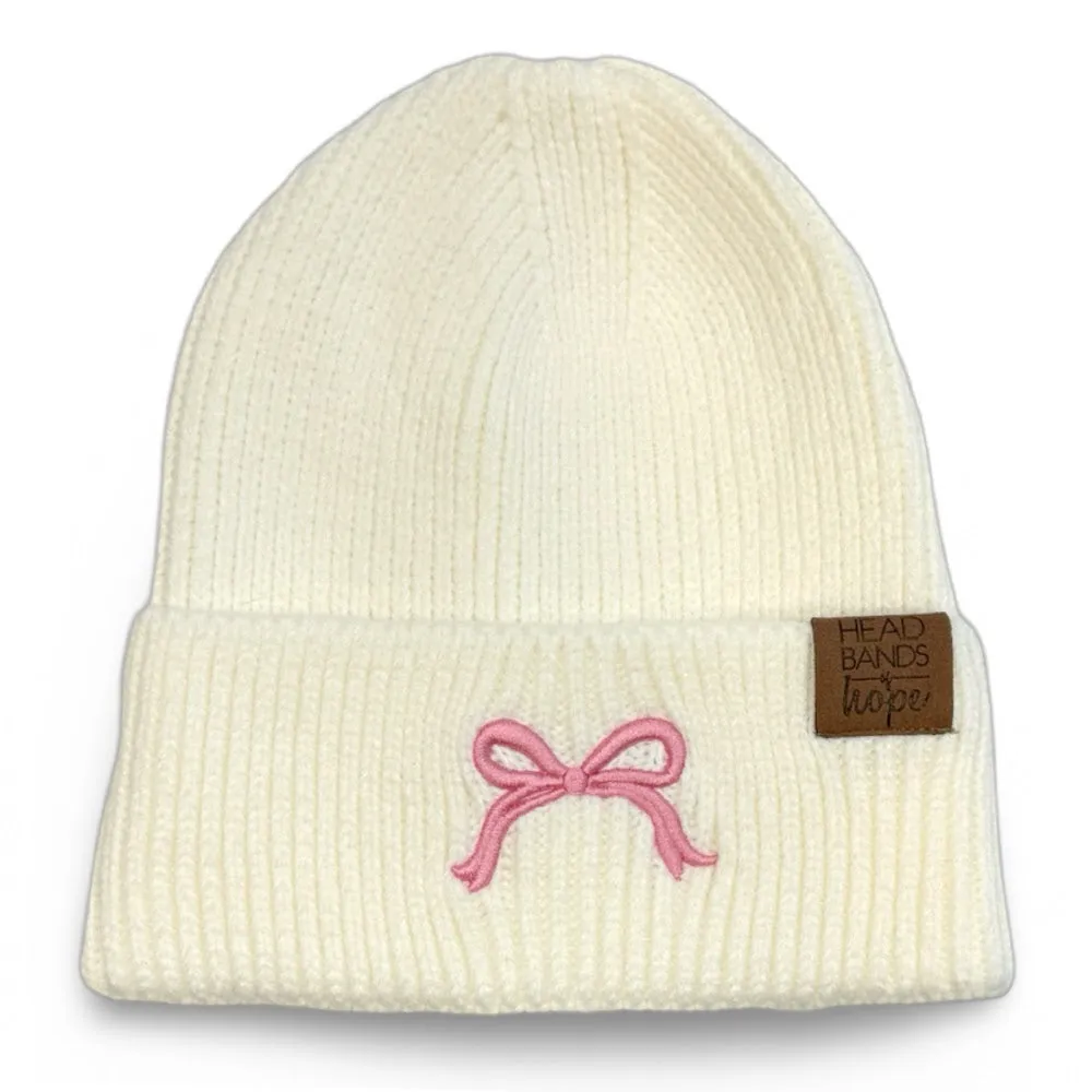 Embroidered Beanie - White   Pink Bow