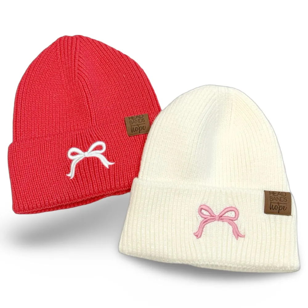 Embroidered Beanie - White   Pink Bow