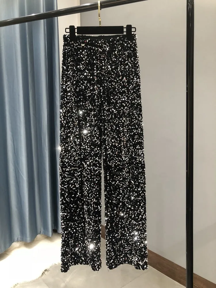 Embroidered high waist sparkly sequin wide leg pants