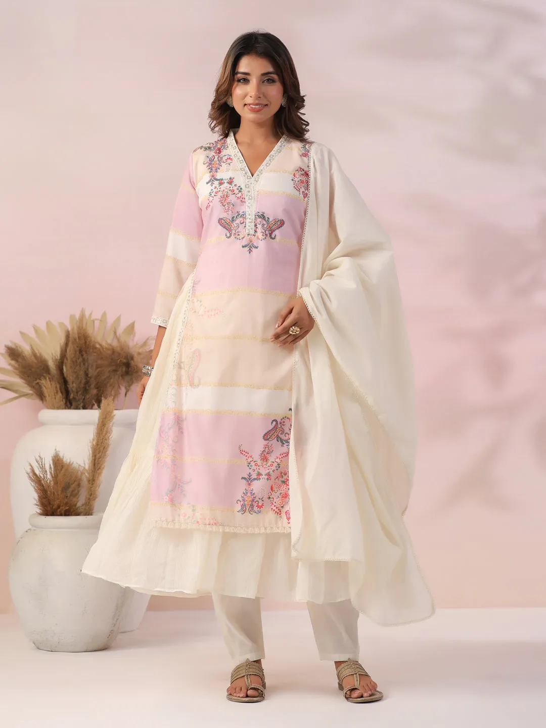 Ethnic Printed Zari & Resham Embroidered Layered Kurta with Pants & Dupatta - Off White