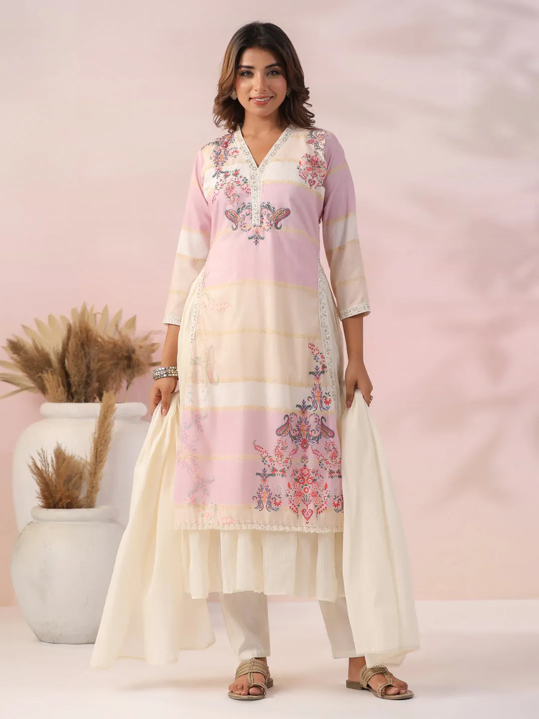 Ethnic Printed Zari & Resham Embroidered Layered Kurta with Pants & Dupatta - Off White