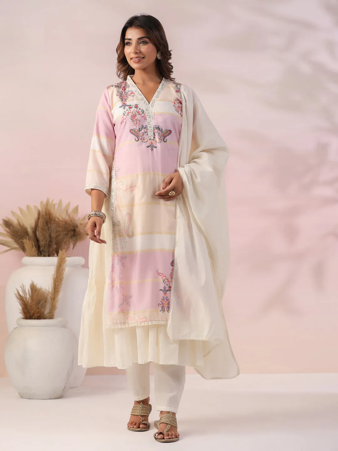 Ethnic Printed Zari & Resham Embroidered Layered Kurta with Pants & Dupatta - Off White