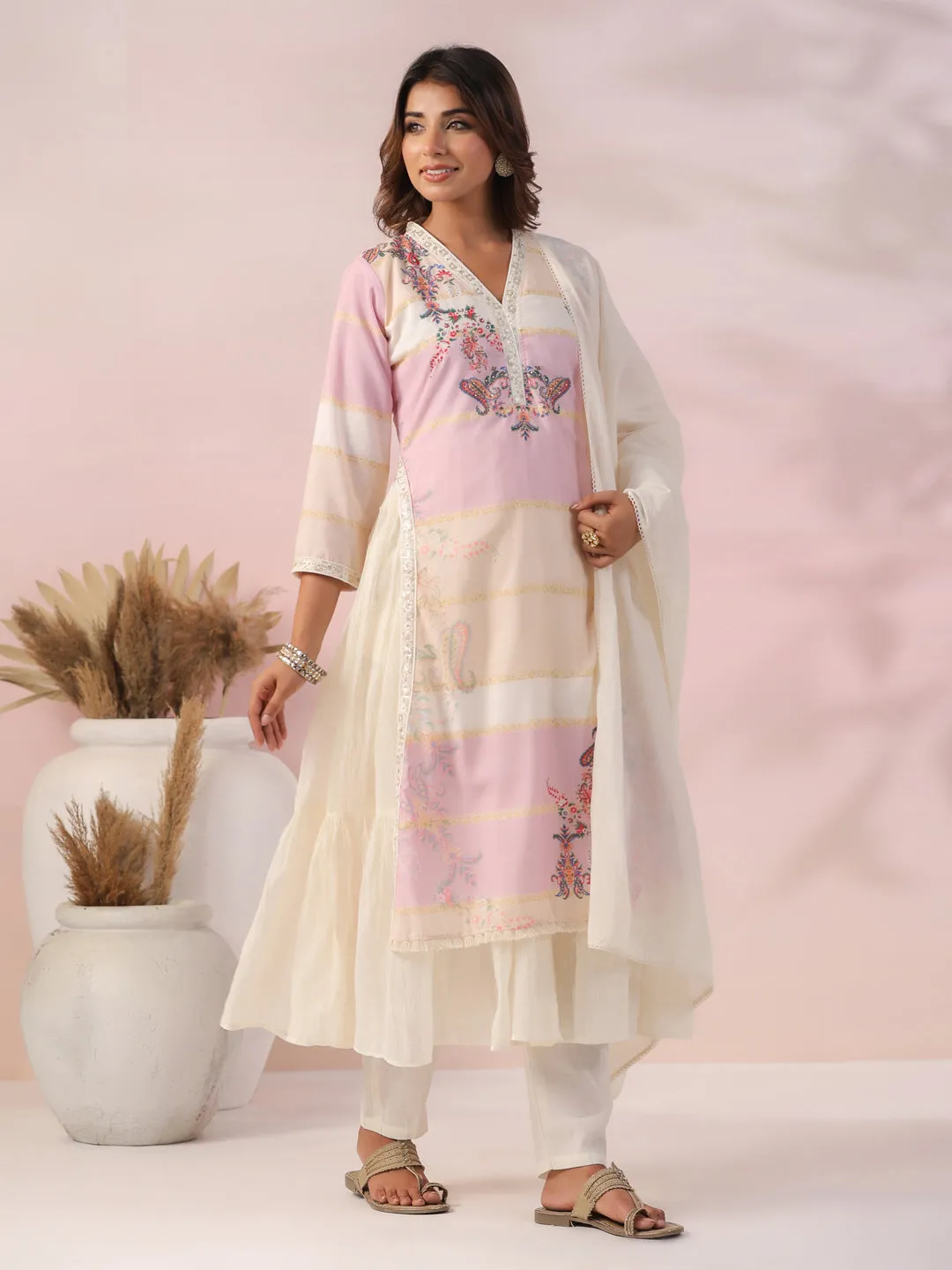 Ethnic Printed Zari & Resham Embroidered Layered Kurta with Pants & Dupatta - Off White