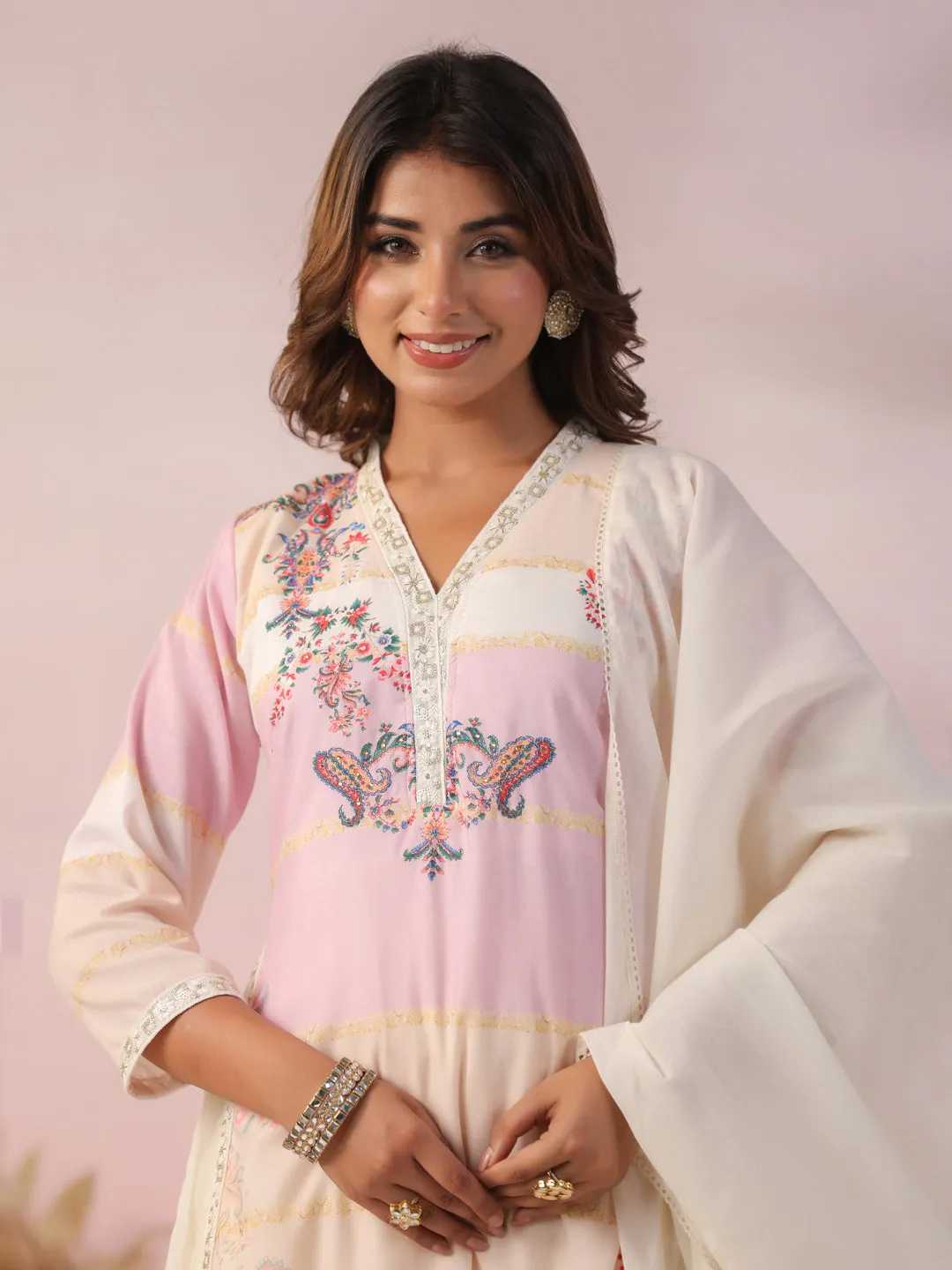 Ethnic Printed Zari & Resham Embroidered Layered Kurta with Pants & Dupatta - Off White