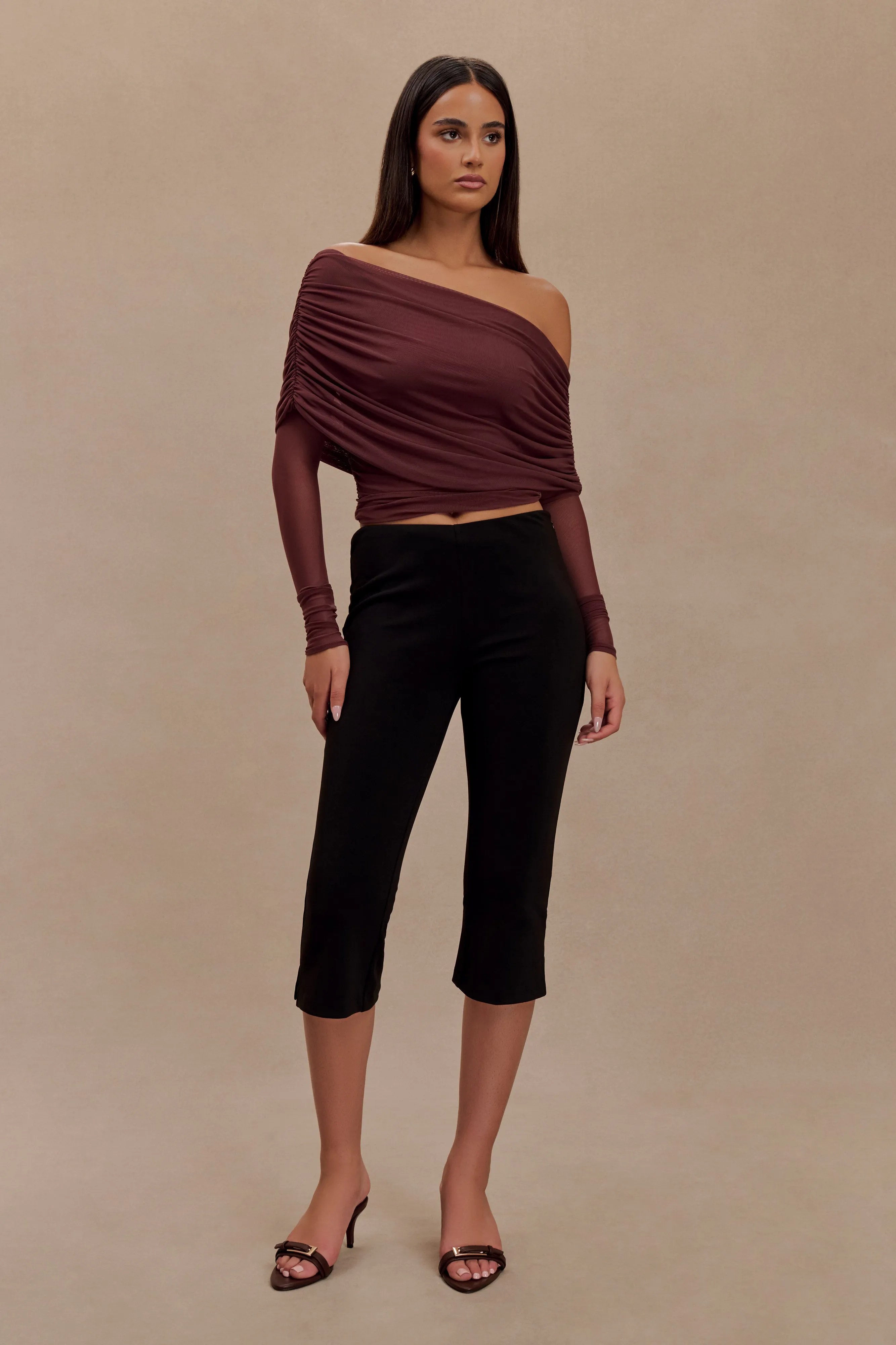 Everly Sheer Mesh Off Shoulder Top - Mahogany