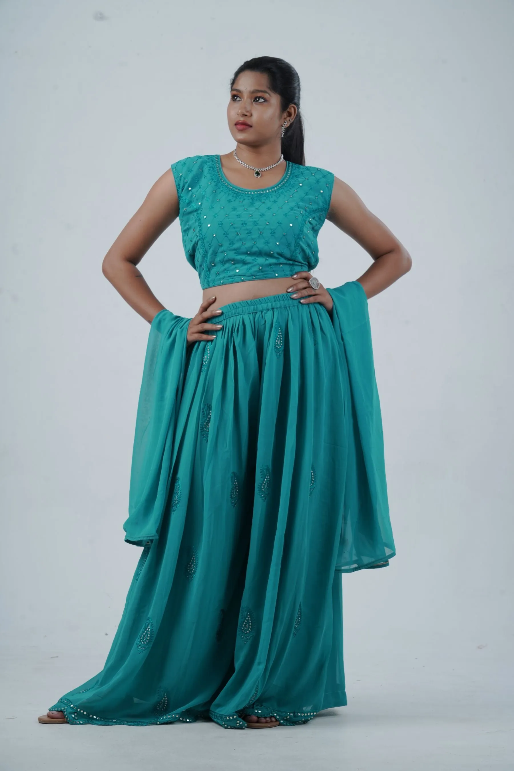 Exquisite Crop Top with Palazzo Pants With Matching Dupatta and Overcoat