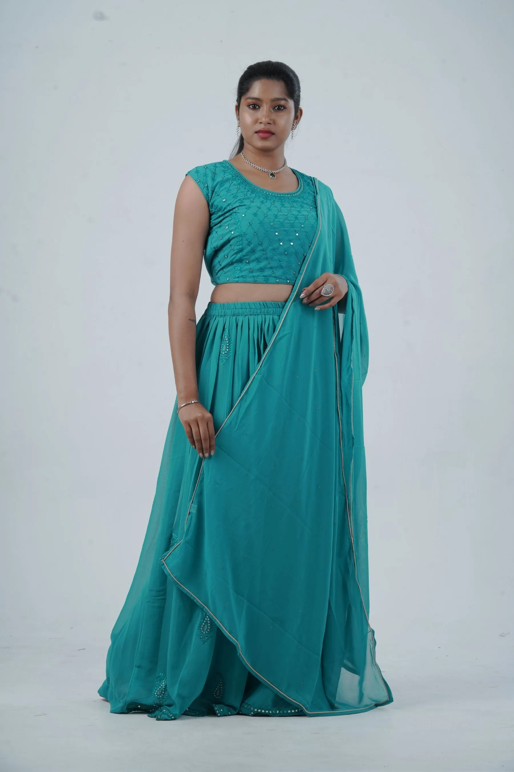 Exquisite Crop Top with Palazzo Pants With Matching Dupatta and Overcoat