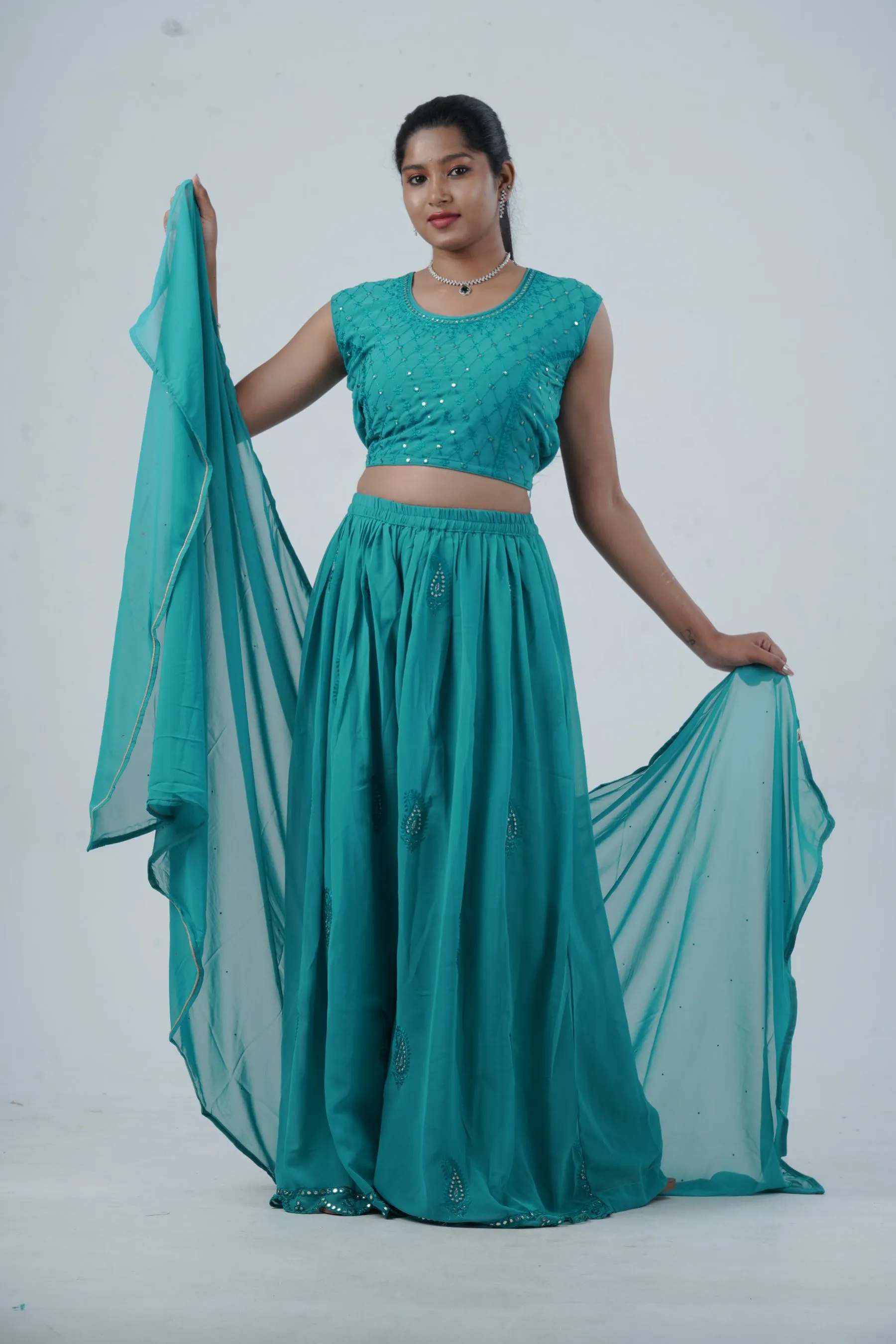 Exquisite Crop Top with Palazzo Pants With Matching Dupatta and Overcoat