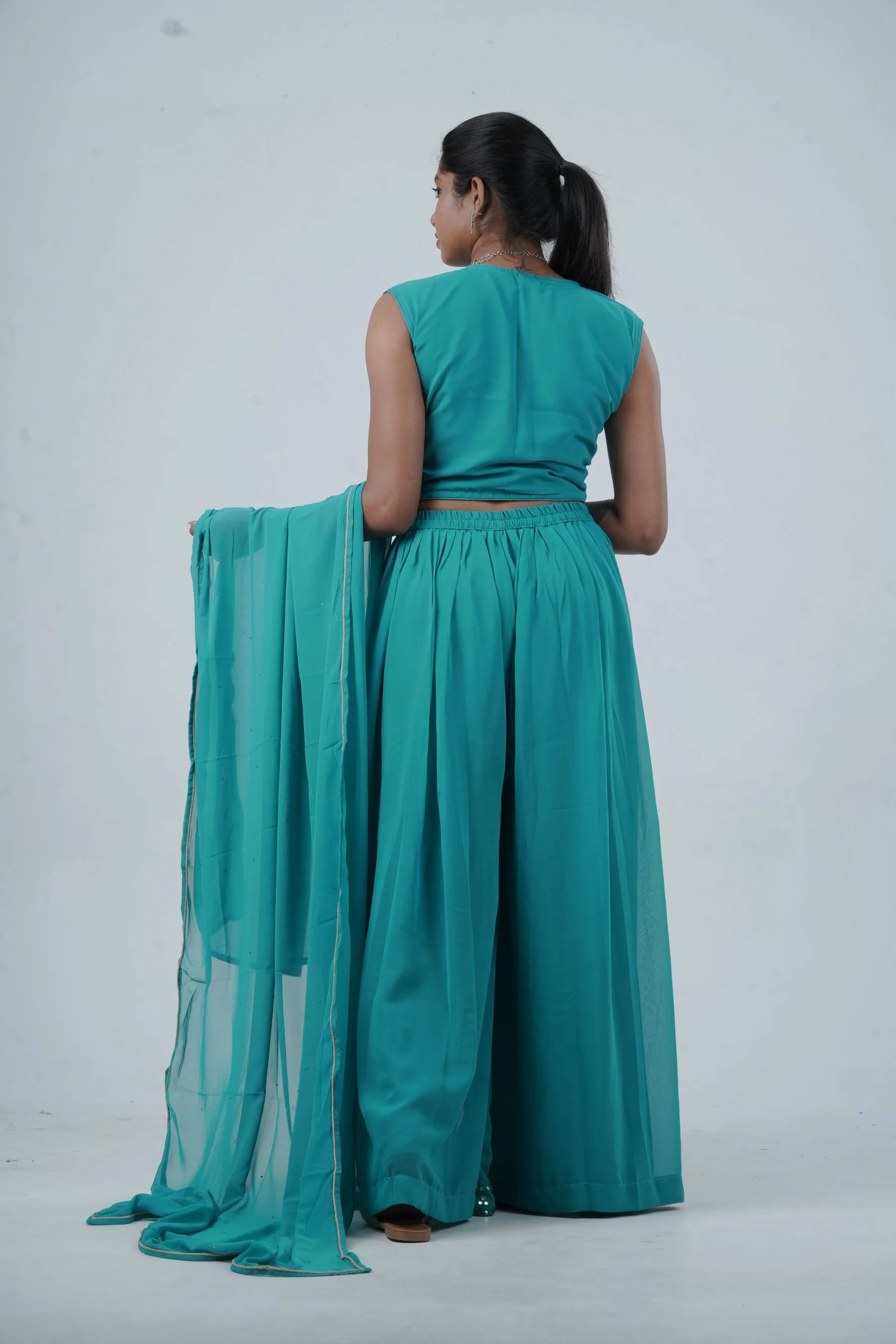 Exquisite Crop Top with Palazzo Pants With Matching Dupatta and Overcoat