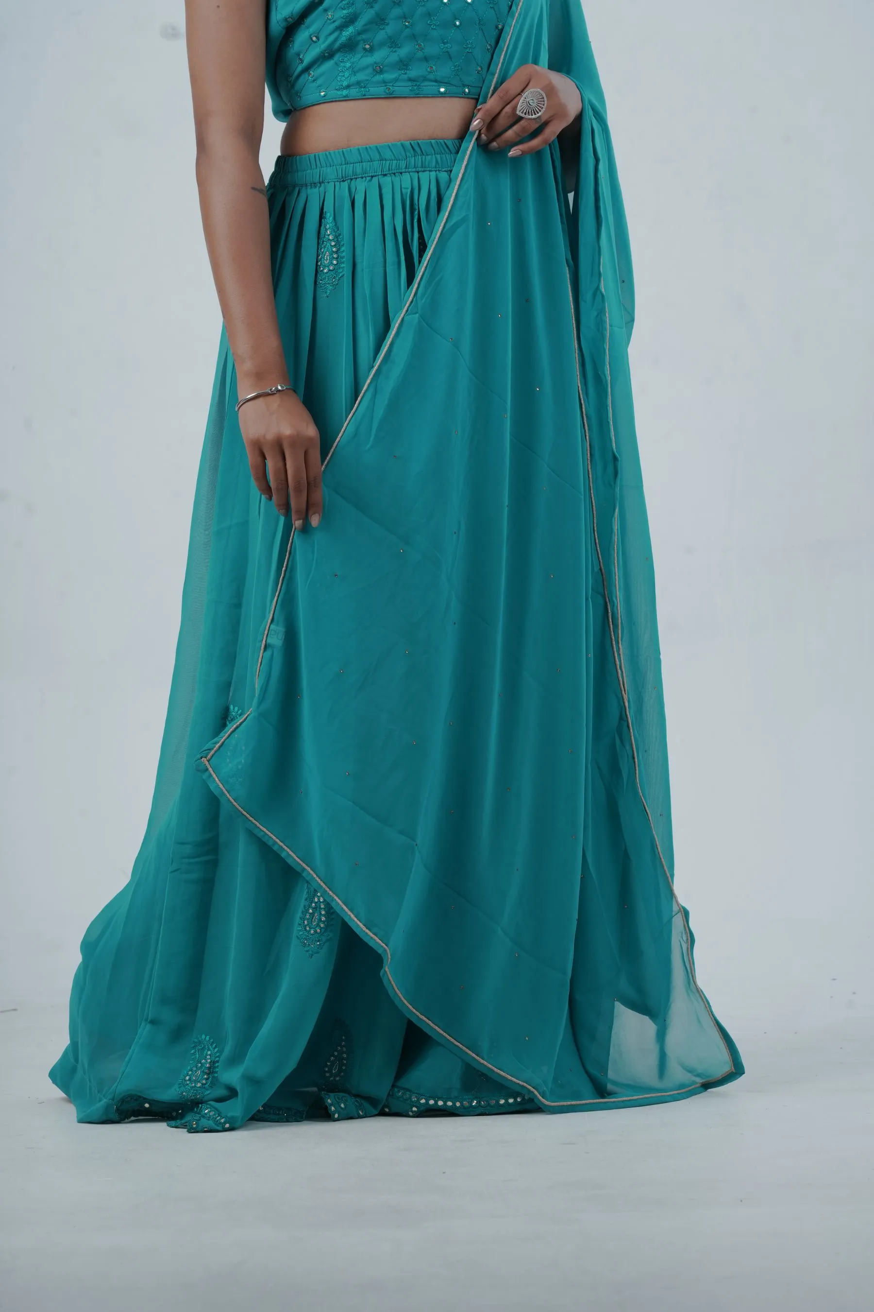 Exquisite Crop Top with Palazzo Pants With Matching Dupatta and Overcoat