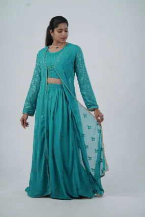 Exquisite Crop Top with Palazzo Pants With Matching Dupatta and Overcoat