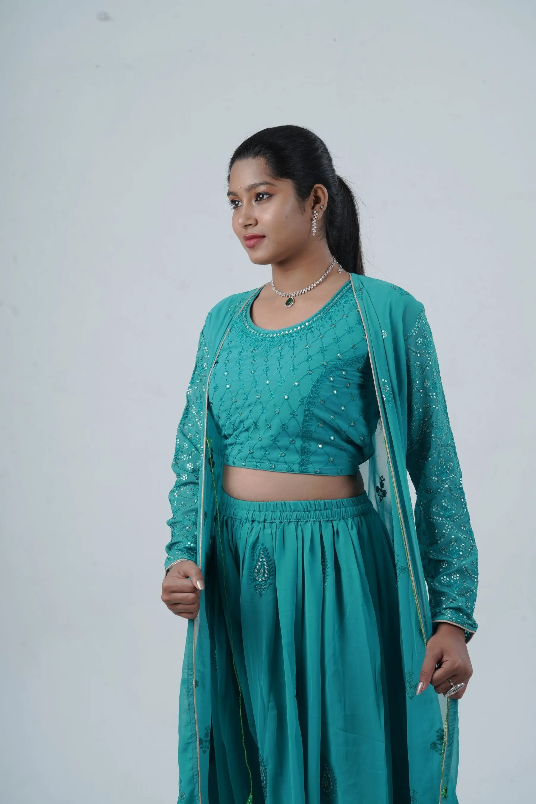 Exquisite Crop Top with Palazzo Pants With Matching Dupatta and Overcoat