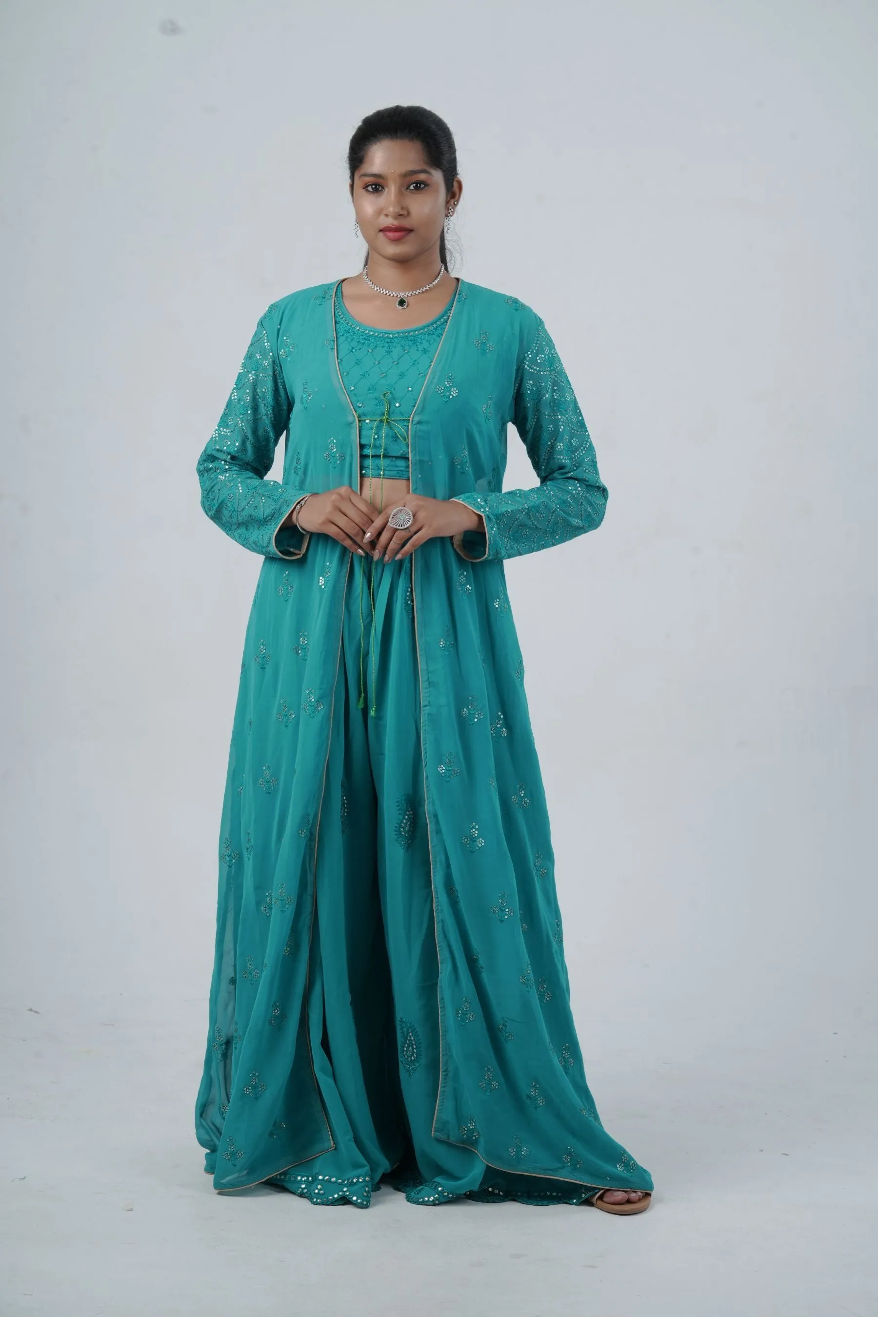 Exquisite Crop Top with Palazzo Pants With Matching Dupatta and Overcoat