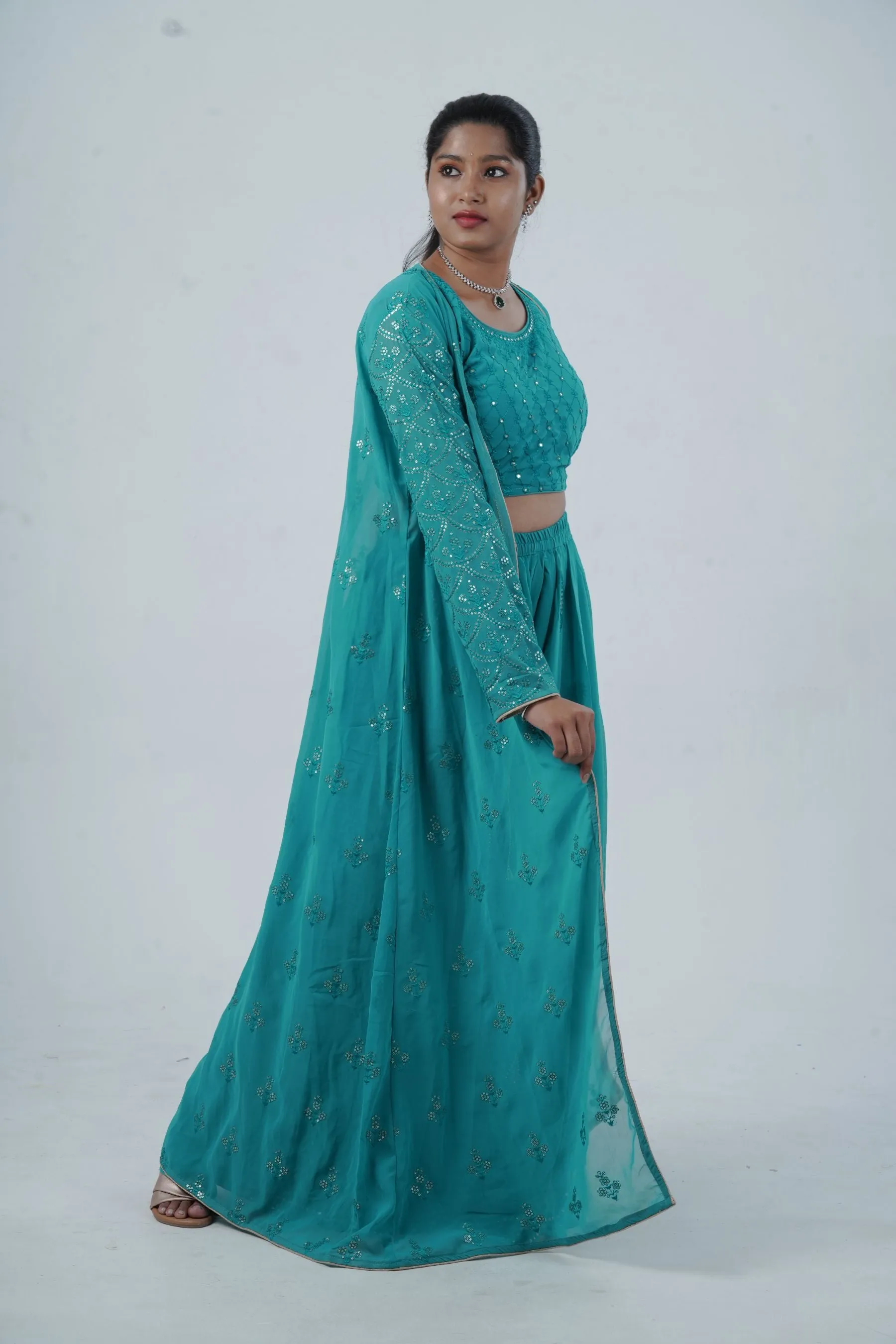 Exquisite Crop Top with Palazzo Pants With Matching Dupatta and Overcoat