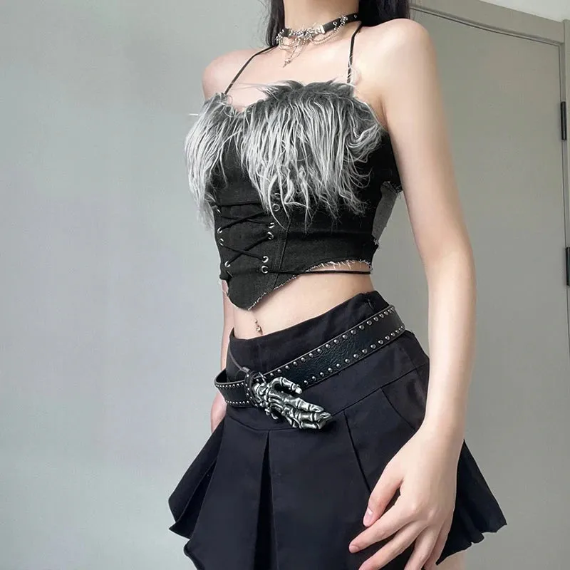 Fashion Fluffy Party Halter Top Female Backless Sexy Zipper Clubwear Faux Fur Patchwork Clubwear Crop Tops Camisole